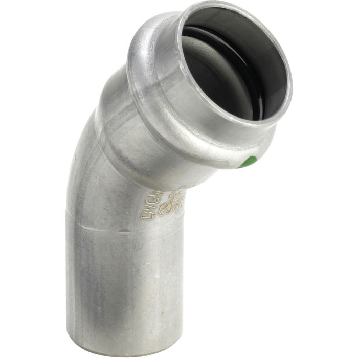 VIEGA Sanpress Inox მუხლი 45°, 22 mm, უჟანგავი ფოლადი, საპრესი x შესაერთებელი ბოლო, Art. 435400